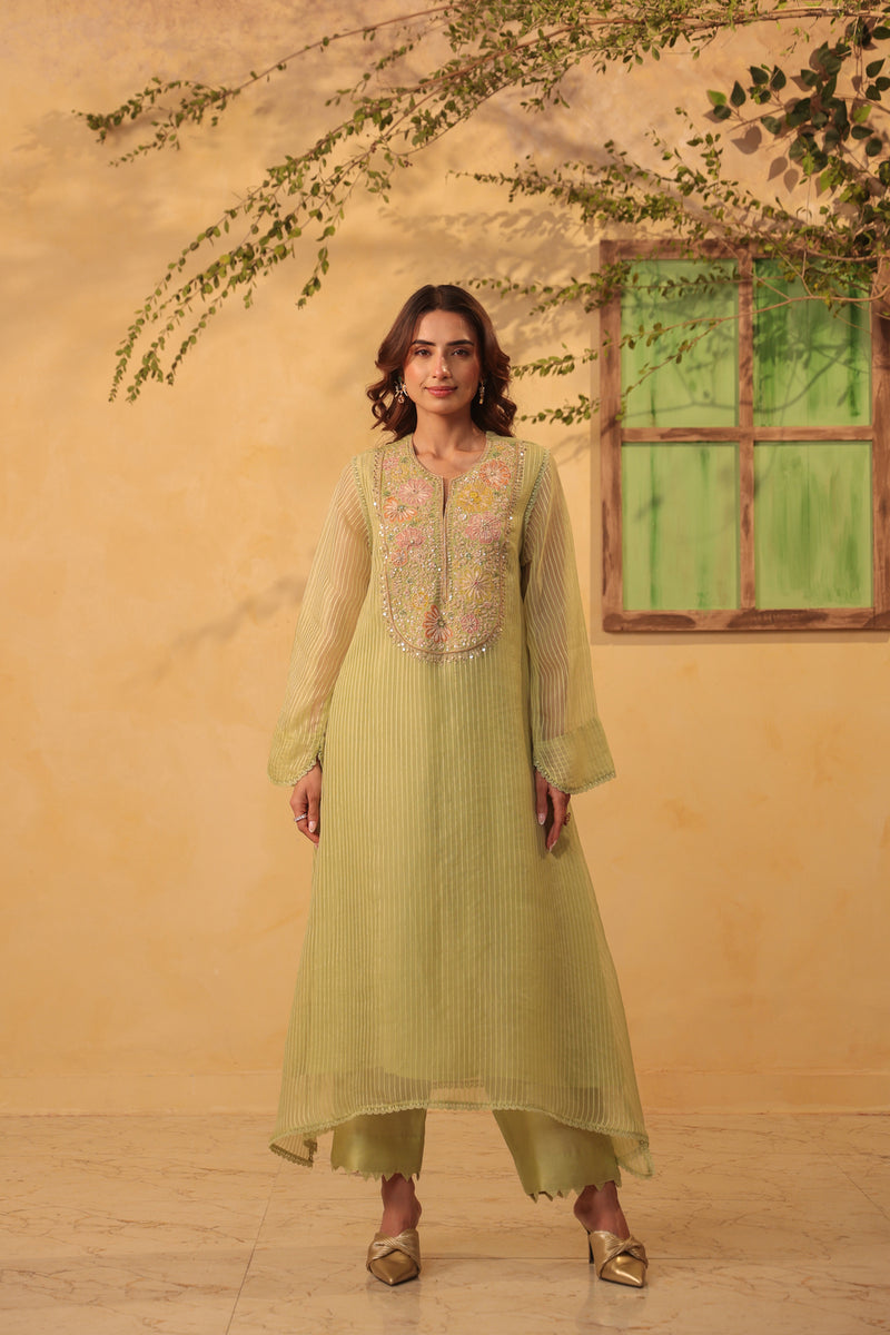 Vaayu Green Applique Yoke Kurta Set silk chanderi , silk tencel kurta/kurta set by Niti Bothra in green for women Worldwide
