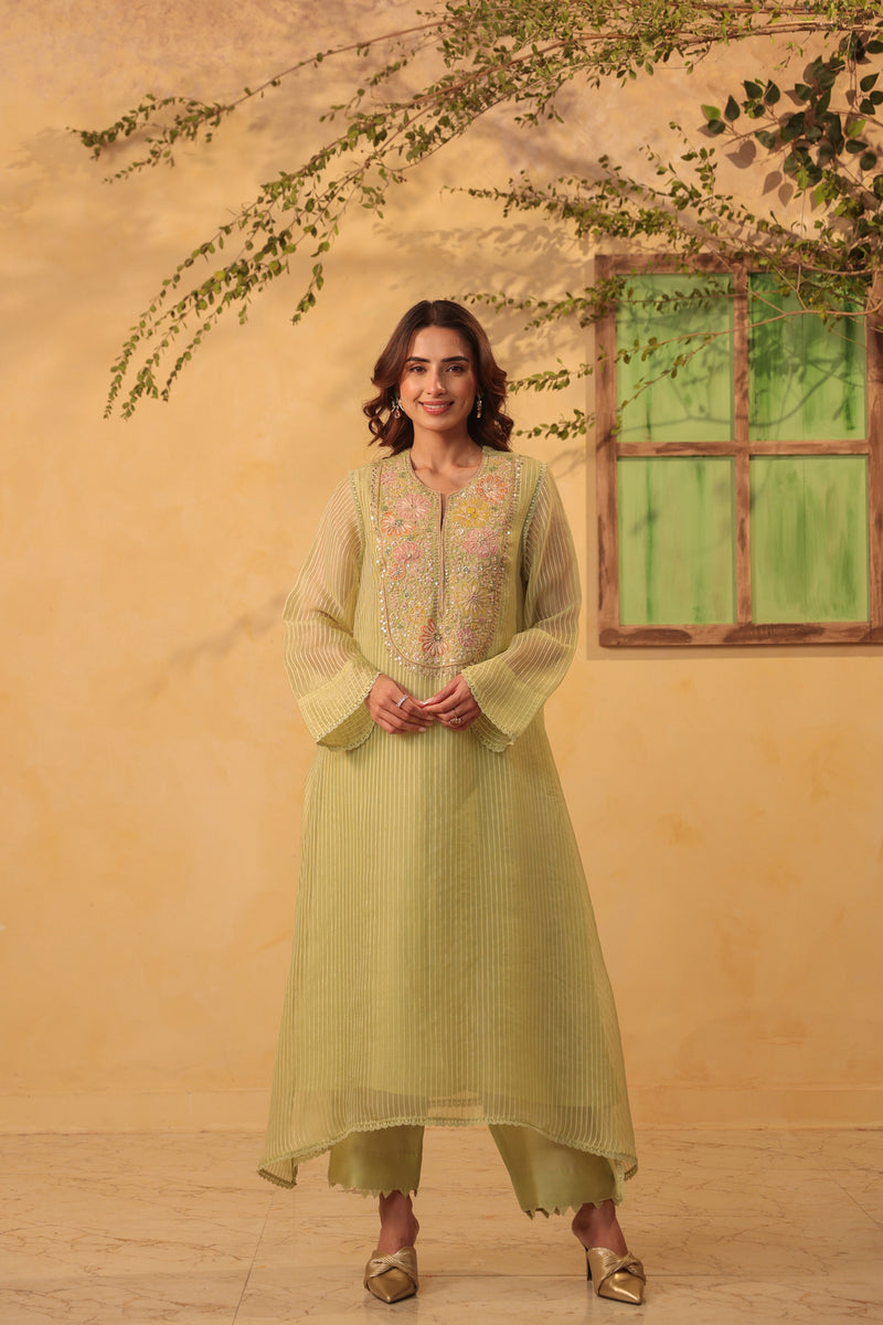 Vaayu Green Applique Yoke Kurta Set silk chanderi , silk tencel kurta/kurta set by Niti Bothra in green for women Worldwide