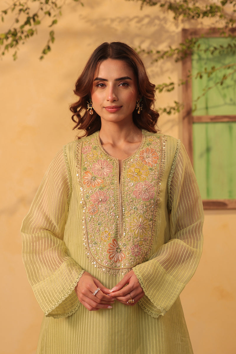 Vaayu Green Applique Yoke Kurta Set silk chanderi , silk tencel kurta/kurta set by Niti Bothra in green for women Worldwide