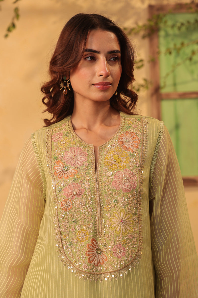 Vaayu Green Applique Yoke Kurta Set silk chanderi , silk tencel kurta/kurta set by Niti Bothra in green for women Worldwide