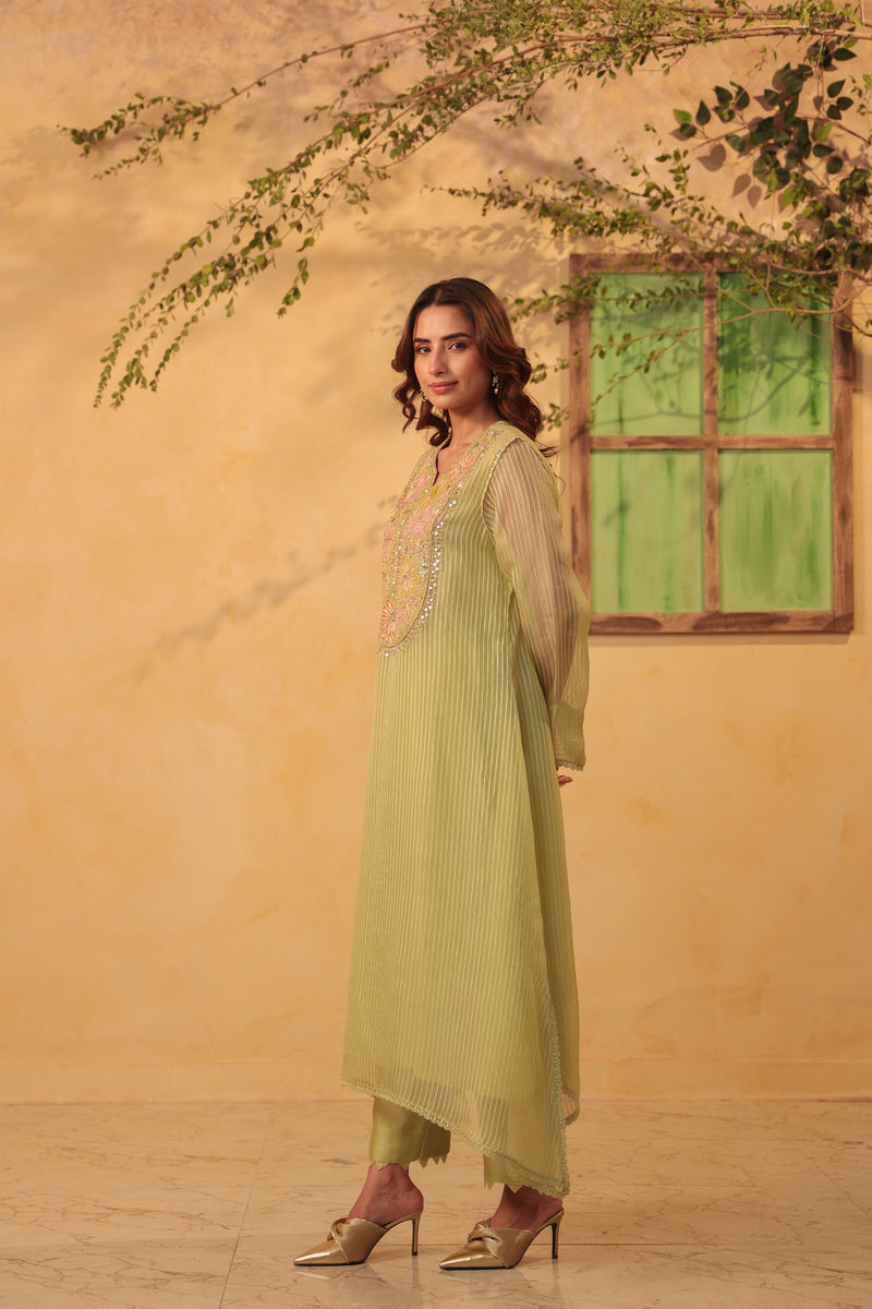 Vaayu Green Applique Yoke Kurta Set silk chanderi , silk tencel kurta/kurta set by Niti Bothra in green for women Worldwide