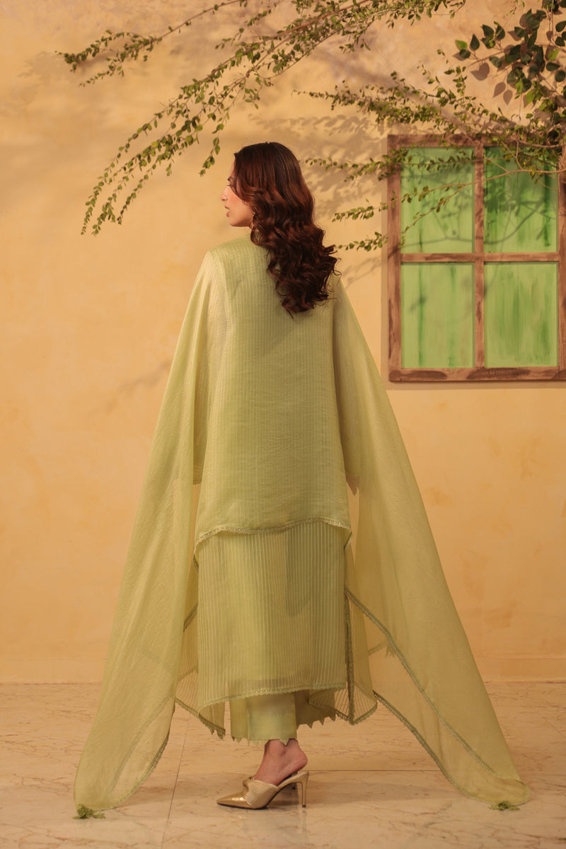 Vaayu Green Applique Yoke Kurta Set silk chanderi , silk tencel kurta/kurta set by Niti Bothra in green for women Worldwide