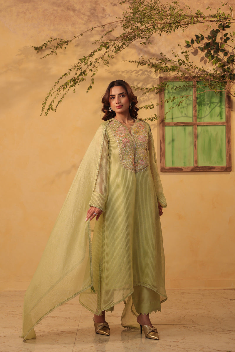 Vaayu Green Applique Yoke Kurta Set silk chanderi , silk tencel kurta/kurta set by Niti Bothra in green for women Worldwide