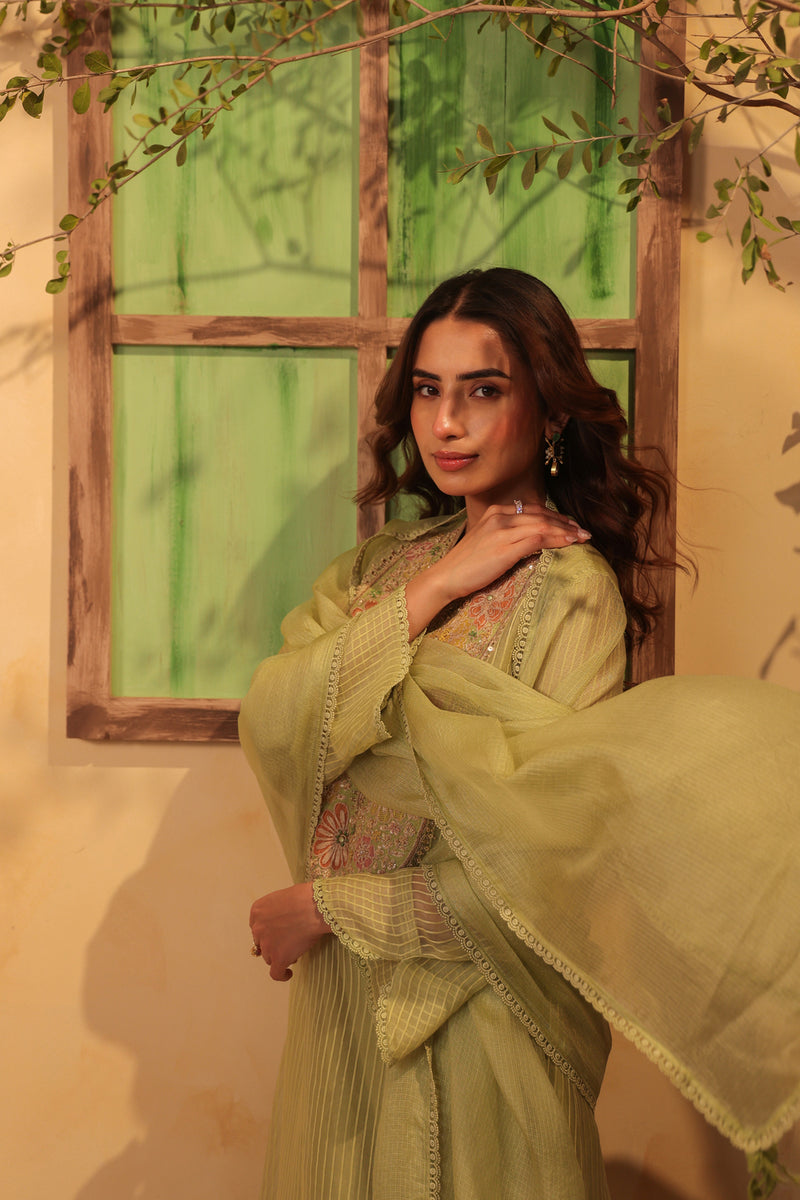 Vaayu Green Applique Yoke Kurta Set silk chanderi , silk tencel kurta/kurta set by Niti Bothra in green for women Worldwide