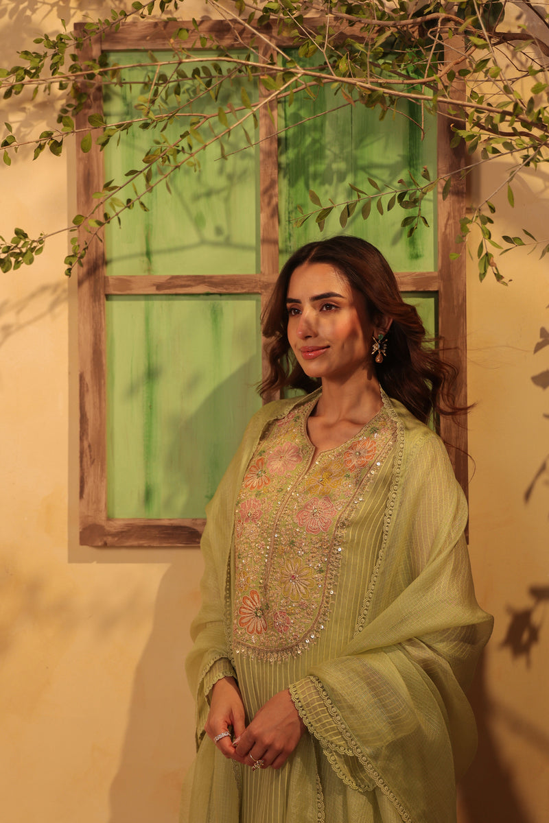 Vaayu Green Applique Yoke Kurta Set silk chanderi , silk tencel kurta/kurta set by Niti Bothra in green for women Worldwide