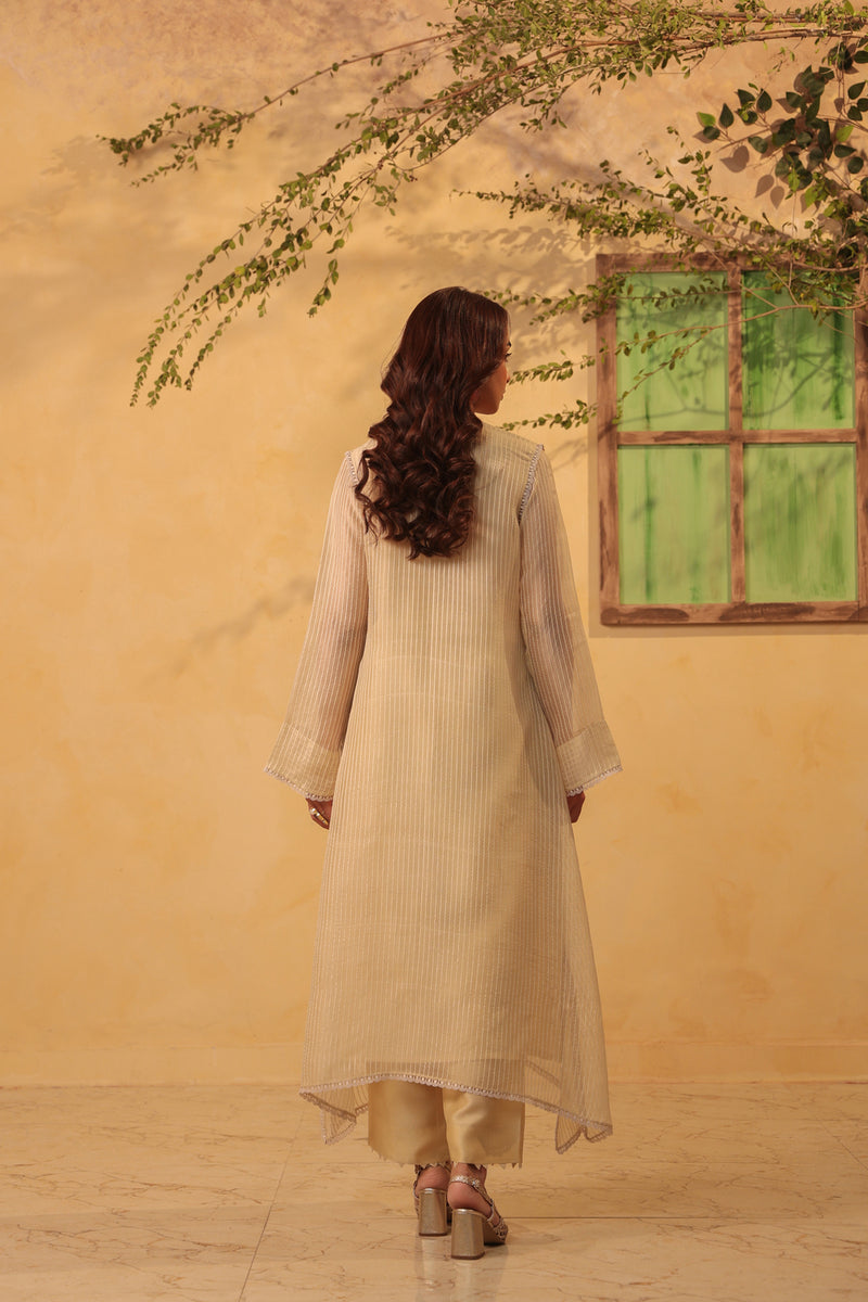 Vaayu Beige Applique Yoke Kurta Set silk chanderi , silk tencel kurta/kurta set by Niti Bothra in beige for women Worldwide