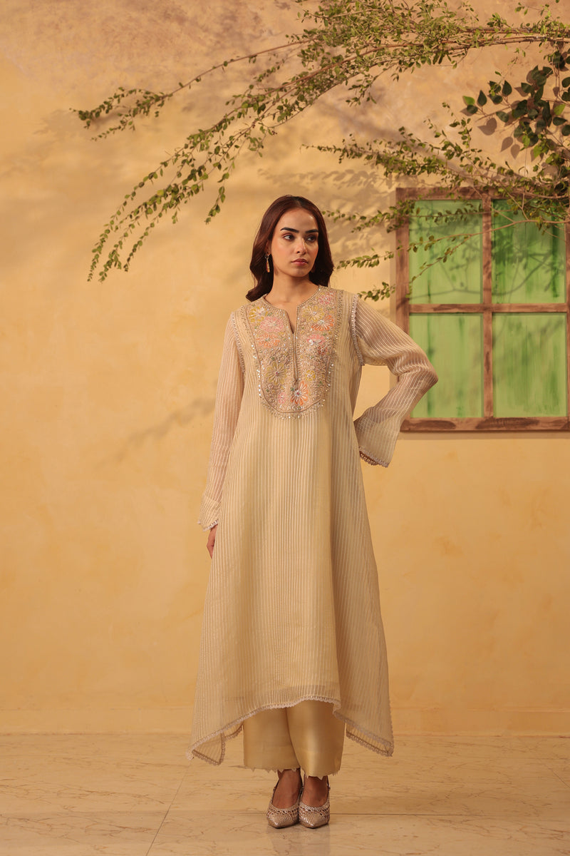 Vaayu Beige Applique Yoke Kurta Set silk chanderi , silk tencel kurta/kurta set by Niti Bothra in beige for women Worldwide