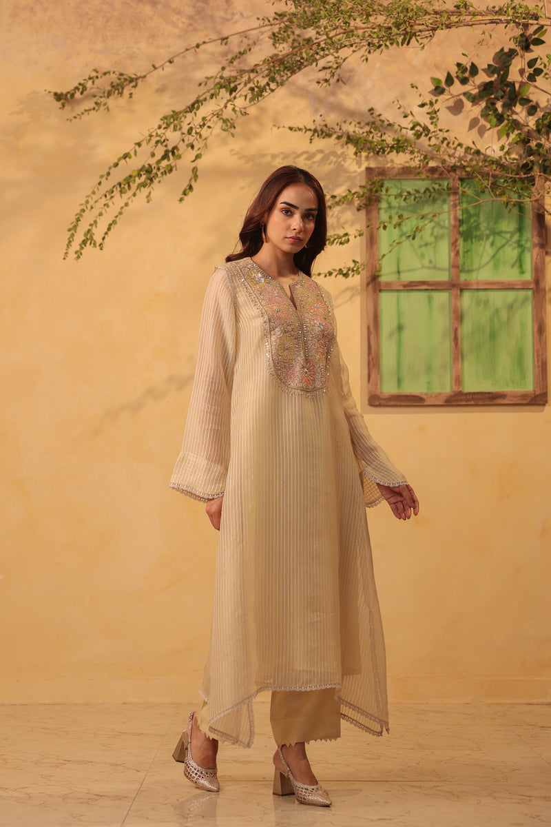 Vaayu Beige Applique Yoke Kurta Set silk chanderi , silk tencel kurta/kurta set by Niti Bothra in beige for women Worldwide