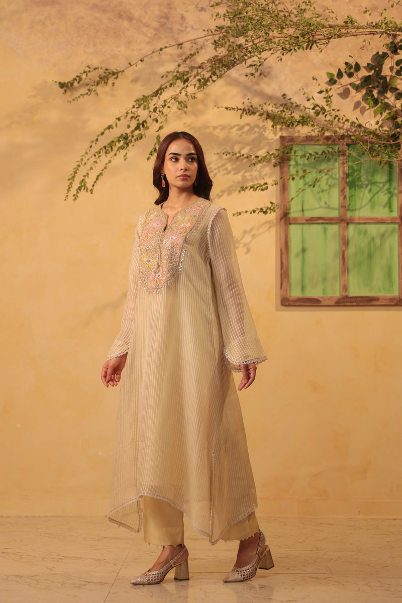 Vaayu Beige Applique Yoke Kurta Set silk chanderi , silk tencel kurta/kurta set by Niti Bothra in beige for women Worldwide