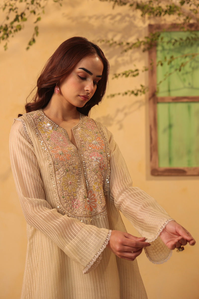 Vaayu Beige Applique Yoke Kurta Set silk chanderi , silk tencel kurta/kurta set by Niti Bothra in beige for women Worldwide