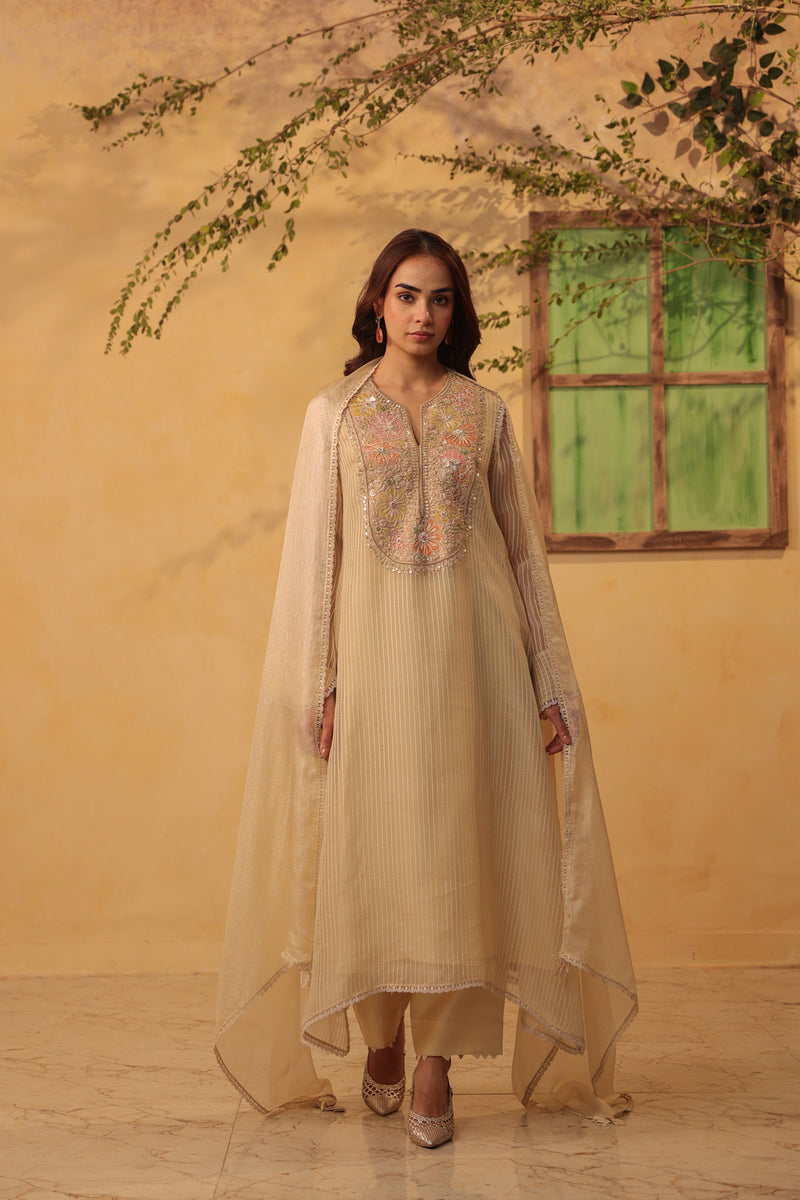 Vaayu Beige Applique Yoke Kurta Set silk chanderi , silk tencel kurta/kurta set by Niti Bothra in beige for women Worldwide