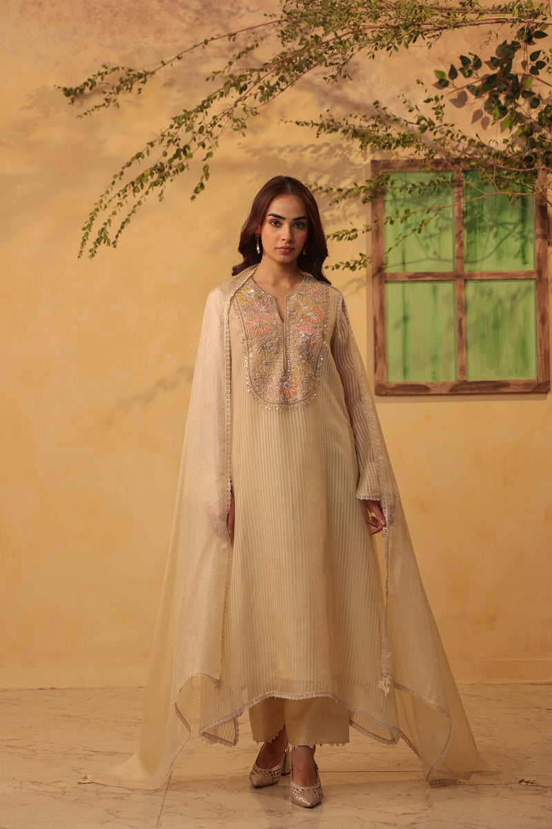 Vaayu Beige Applique Yoke Kurta Set silk chanderi , silk tencel kurta/kurta set by Niti Bothra in beige for women Worldwide