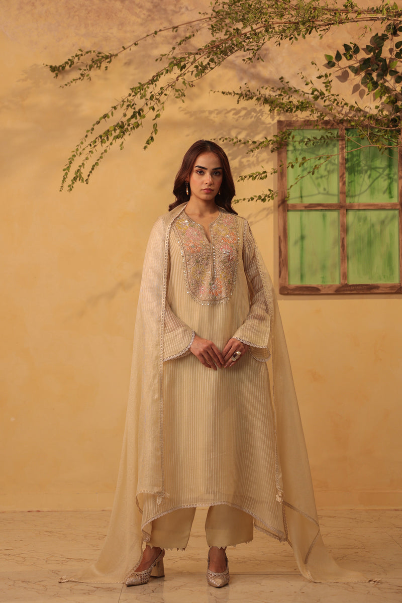 Vaayu Beige Applique Yoke Kurta Set silk chanderi , silk tencel kurta/kurta set by Niti Bothra in beige for women Worldwide