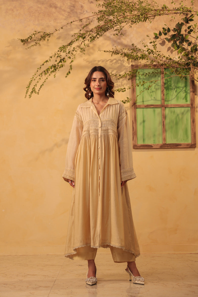 Vaayu Beige Pintuck Collar Kurta Set silk chanderi , silk tencel kurta/kurta set by Niti Bothra in beige for women Worldwide