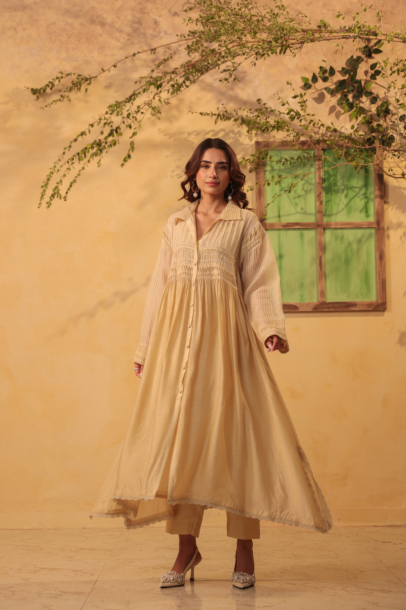 Vaayu Beige Pintuck Collar Kurta Set silk chanderi , silk tencel kurta/kurta set by Niti Bothra in beige for women Worldwide