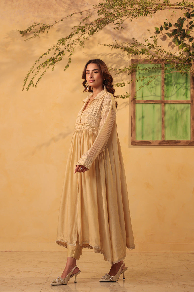 Vaayu Beige Pintuck Collar Kurta Set silk chanderi , silk tencel kurta/kurta set by Niti Bothra in beige for women Worldwide
