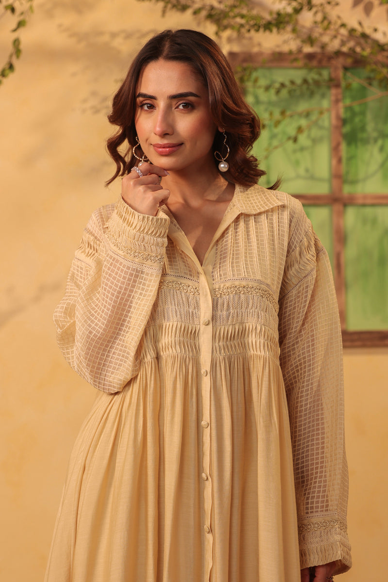 Vaayu Beige Pintuck Collar Kurta Set silk chanderi , silk tencel kurta/kurta set by Niti Bothra in beige for women Worldwide