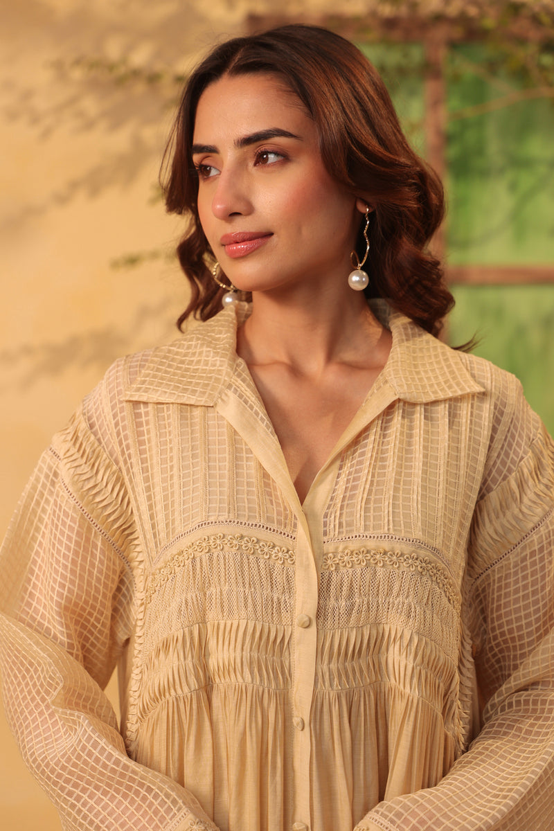 Vaayu Beige Pintuck Collar Kurta Set silk chanderi , silk tencel kurta/kurta set by Niti Bothra in beige for women Worldwide