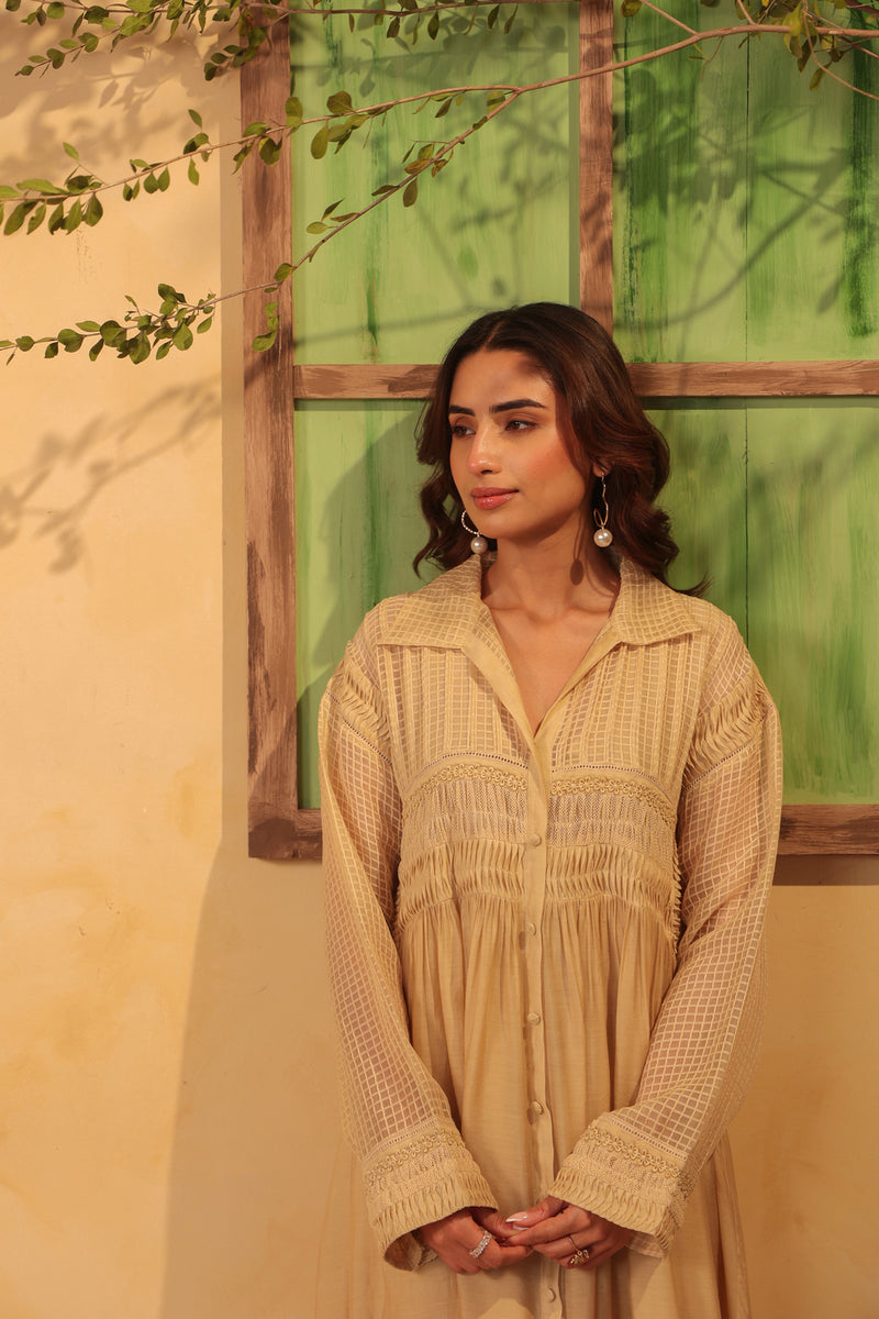 Vaayu Beige Pintuck Collar Kurta Set silk chanderi , silk tencel kurta/kurta set by Niti Bothra in beige for women Worldwide