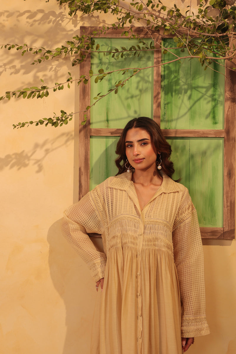 Vaayu Beige Pintuck Collar Kurta Set silk chanderi , silk tencel kurta/kurta set by Niti Bothra in beige for women Worldwide