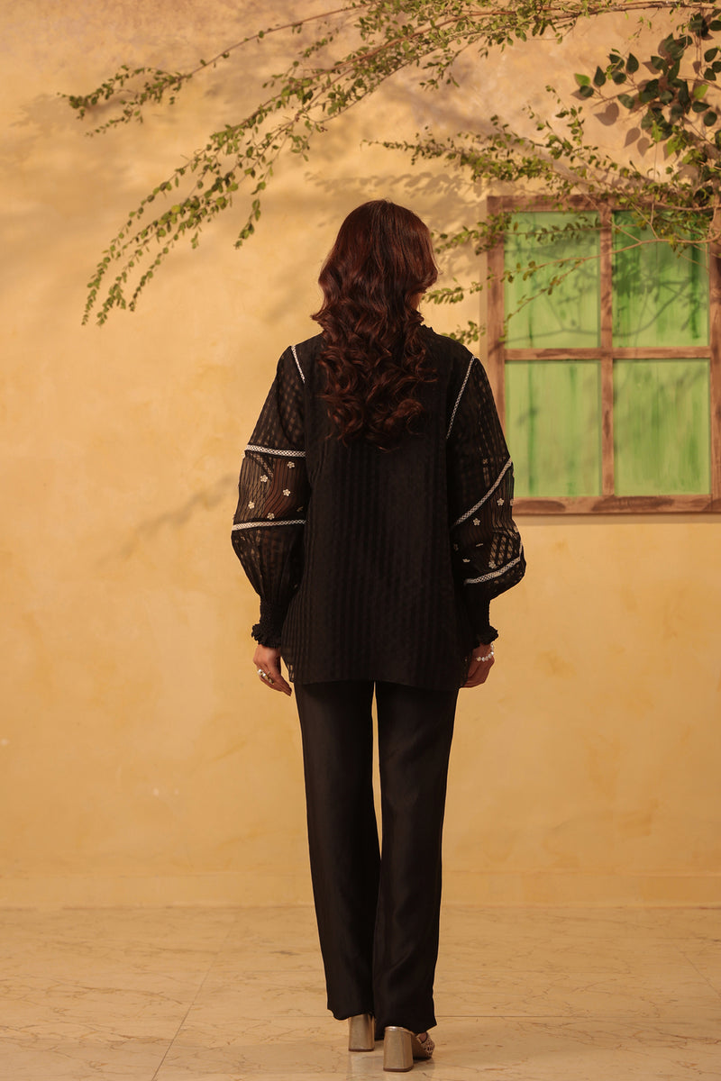 Vaayu Black V Neck Co ord Set silk chanderi , silk tencel kurta/kurta set by Niti Bothra in black for women Worldwide
