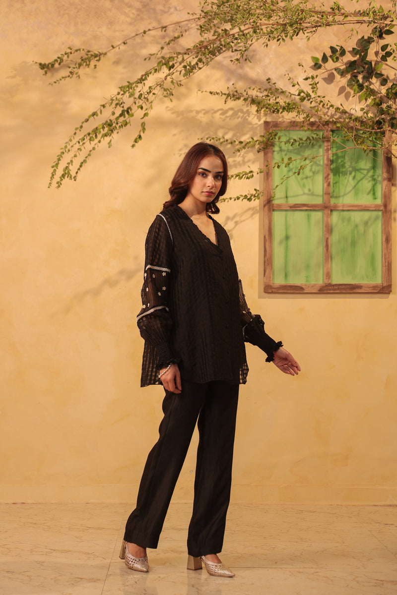 Vaayu Black V Neck Co ord Set silk chanderi , silk tencel kurta/kurta set by Niti Bothra in black for women Worldwide