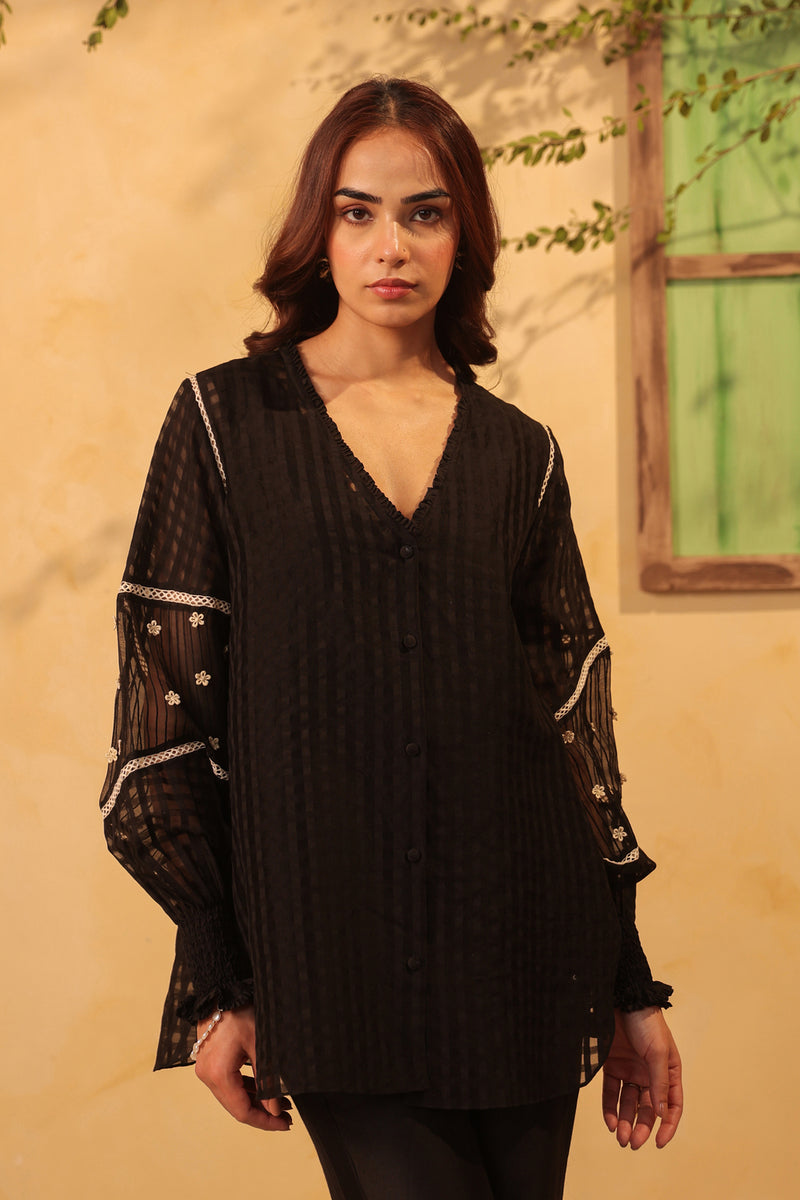 Vaayu Black V Neck Co ord Set silk chanderi , silk tencel kurta/kurta set by Niti Bothra in black for women Worldwide
