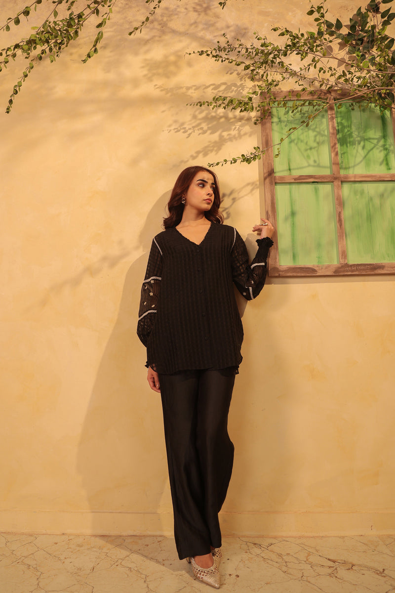 Vaayu Black V Neck Co ord Set silk chanderi , silk tencel kurta/kurta set by Niti Bothra in black for women Worldwide