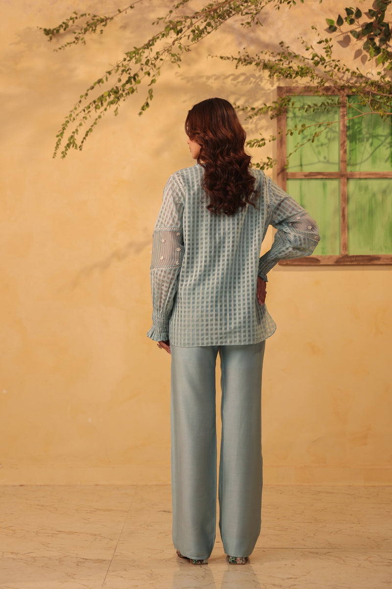 Vaayu Light Blue V Neck Co ord Set silk chanderi , silk tencel kurta/kurta set by Niti Bothra in light blue for women Worldwide