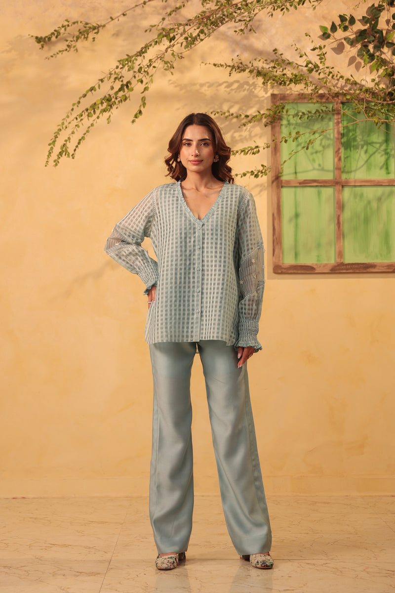 Vaayu Light Blue V Neck Co ord Set silk chanderi , silk tencel kurta/kurta set by Niti Bothra in light blue for women Worldwide