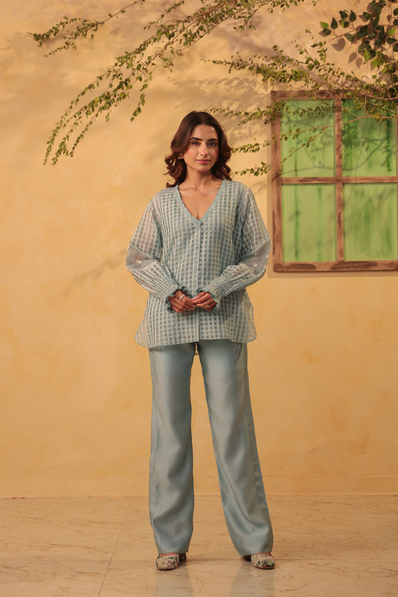 Vaayu Light Blue V Neck Co ord Set silk chanderi , silk tencel kurta/kurta set by Niti Bothra in light blue for women Worldwide