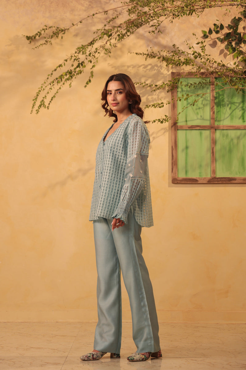 Vaayu Light Blue V Neck Co ord Set silk chanderi , silk tencel kurta/kurta set by Niti Bothra in light blue for women Worldwide