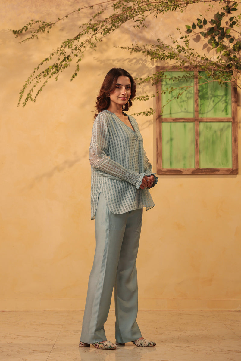 Vaayu Light Blue V Neck Co ord Set silk chanderi , silk tencel kurta/kurta set by Niti Bothra in light blue for women Worldwide
