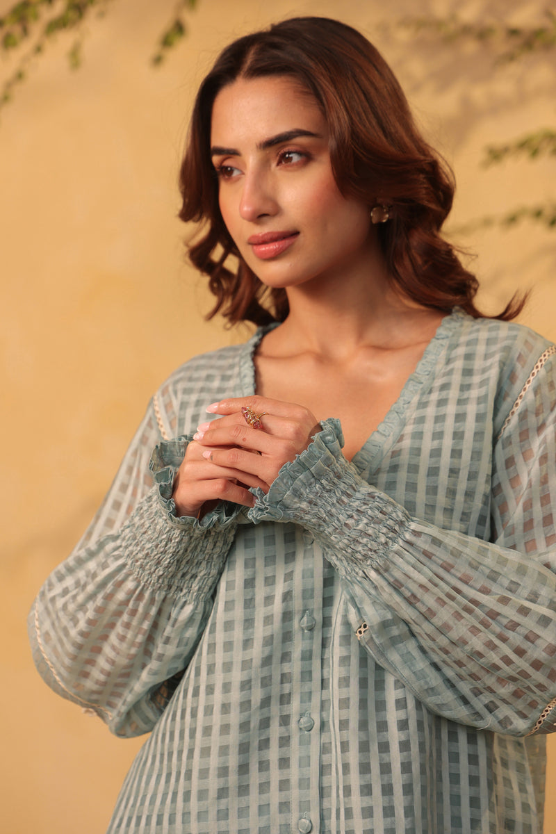 Vaayu Light Blue V Neck Co ord Set silk chanderi , silk tencel kurta/kurta set by Niti Bothra in light blue for women Worldwide