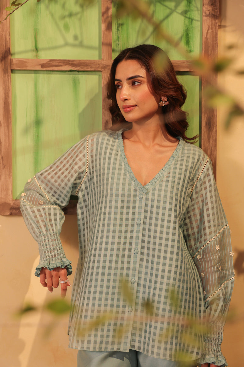 Vaayu Light Blue V Neck Co ord Set silk chanderi , silk tencel kurta/kurta set by Niti Bothra in light blue for women Worldwide