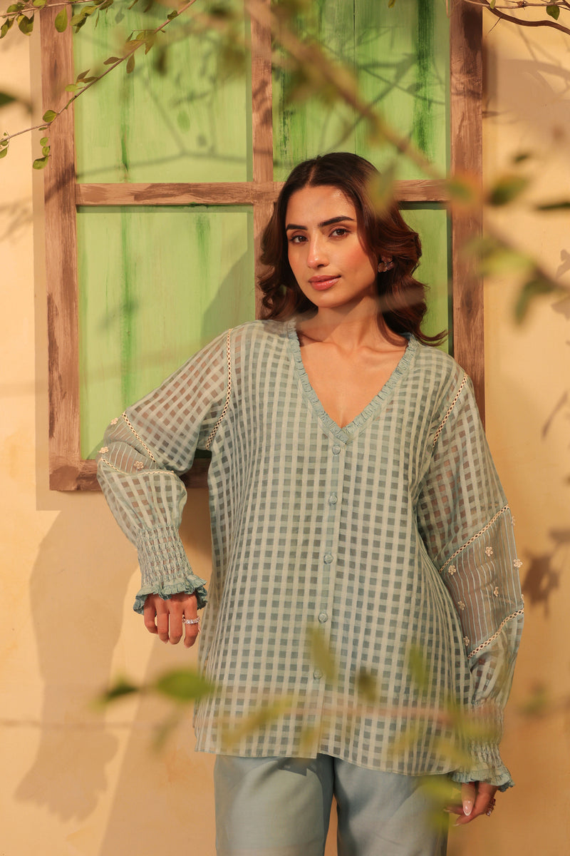 Vaayu Light Blue V Neck Co ord Set silk chanderi , silk tencel kurta/kurta set by Niti Bothra in light blue for women Worldwide