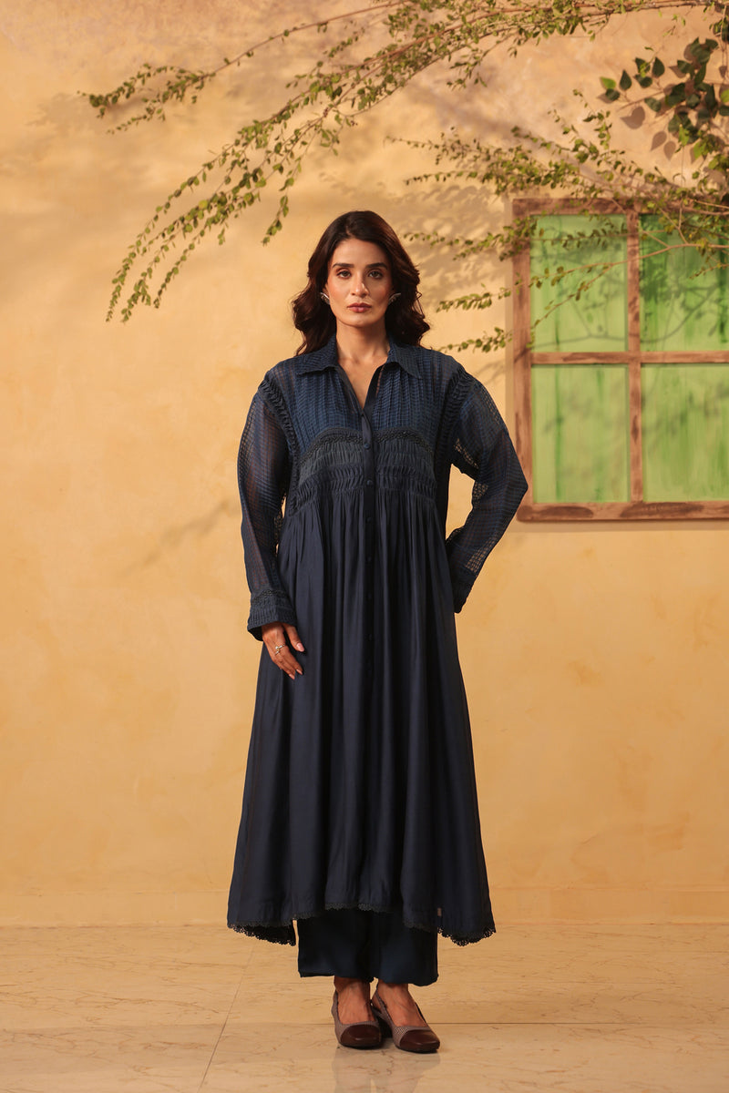 Vaayu Dark Blue Pintuck Collar Kurta Set silk chanderi , silk tencel kurta/kurta set by Niti Bothra in light blue for women Worldwide