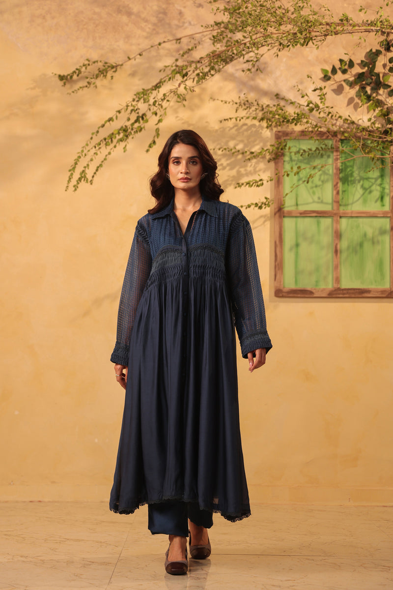Vaayu Dark Blue Pintuck Collar Kurta Set silk chanderi , silk tencel kurta/kurta set by Niti Bothra in light blue for women Worldwide