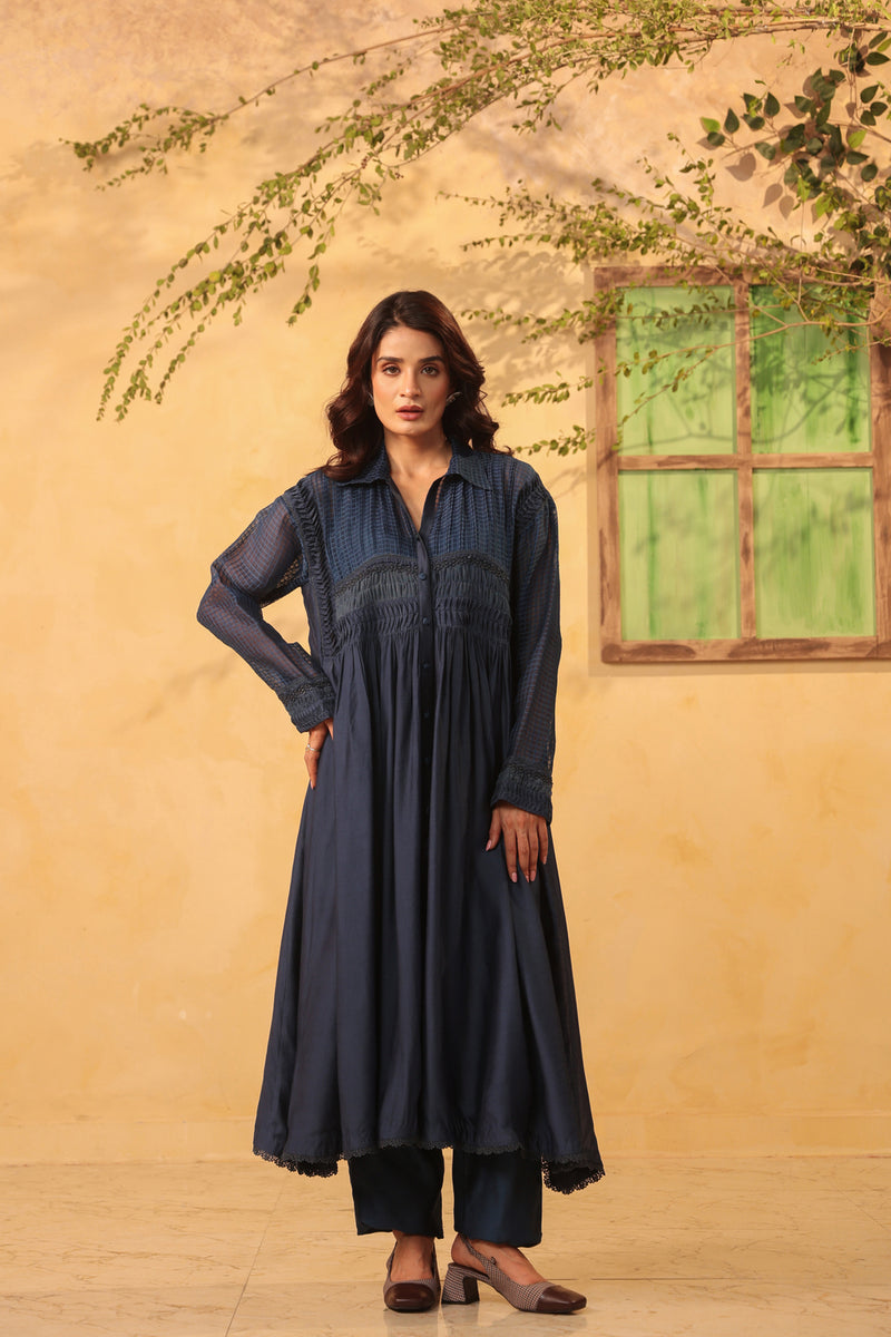 Vaayu Dark Blue Pintuck Collar Kurta Set silk chanderi , silk tencel kurta/kurta set by Niti Bothra in light blue for women Worldwide