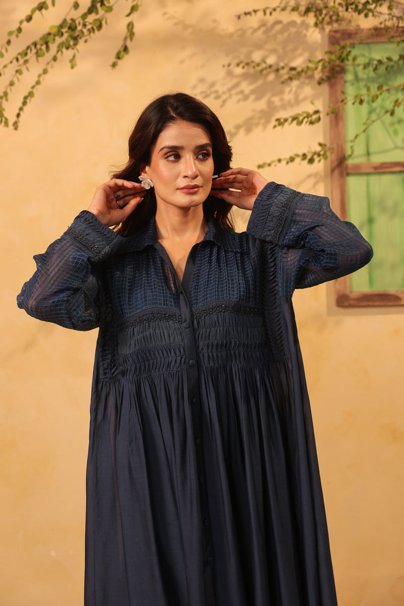 Vaayu Dark Blue Pintuck Collar Kurta Set silk chanderi , silk tencel kurta/kurta set by Niti Bothra in light blue for women Worldwide