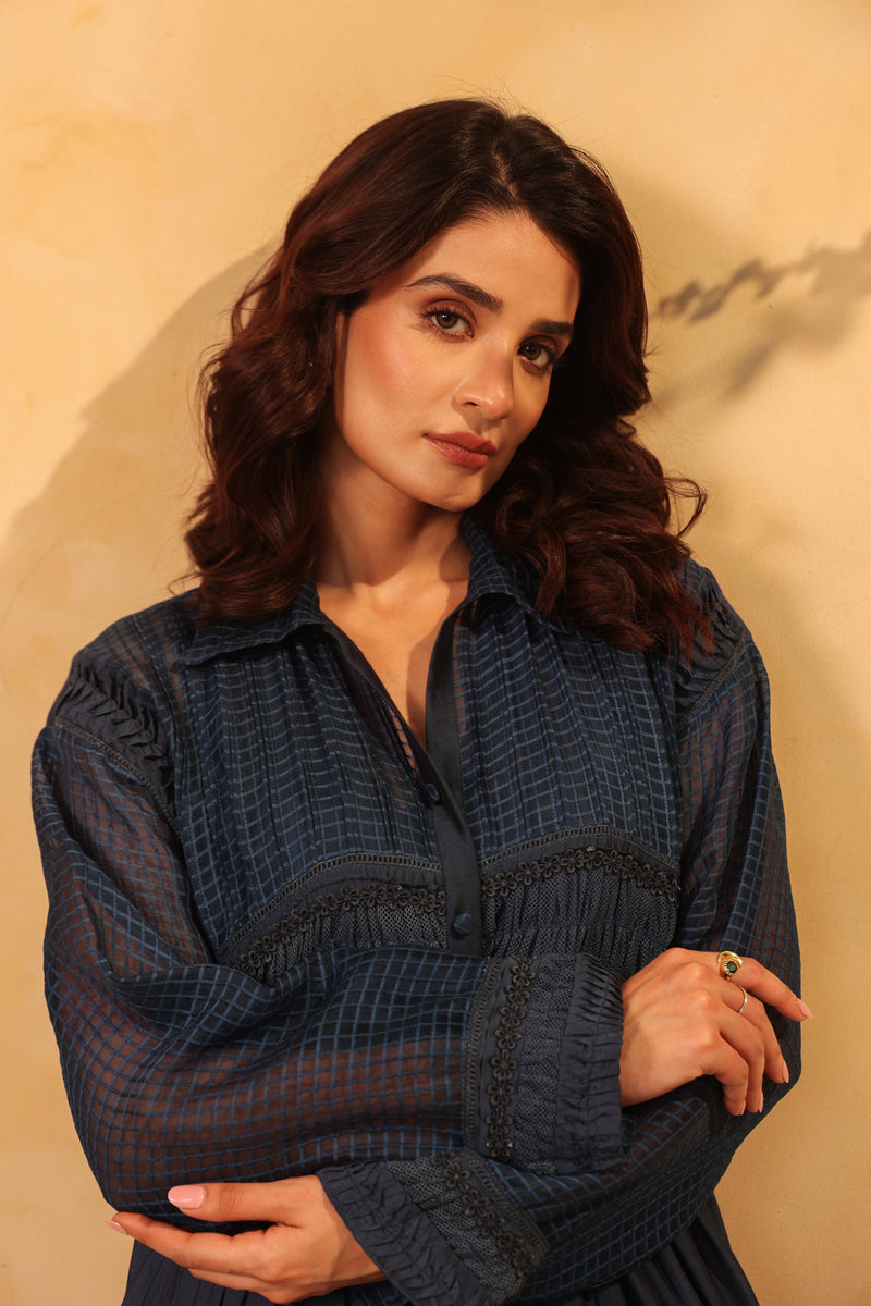 Vaayu Dark Blue Pintuck Collar Kurta Set silk chanderi , silk tencel kurta/kurta set by Niti Bothra in light blue for women Worldwide