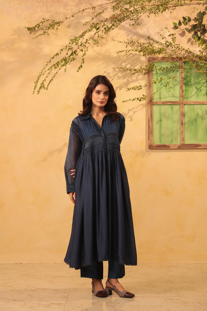 Vaayu Dark Blue Pintuck Collar Kurta Set silk chanderi , silk tencel kurta/kurta set by Niti Bothra in light blue for women Worldwide