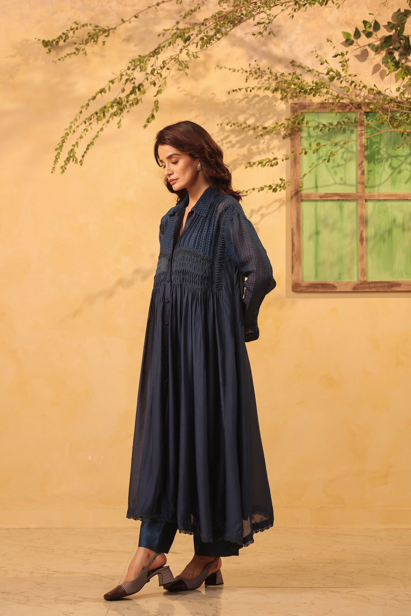 Vaayu Dark Blue Pintuck Collar Kurta Set silk chanderi , silk tencel kurta/kurta set by Niti Bothra in light blue for women Worldwide