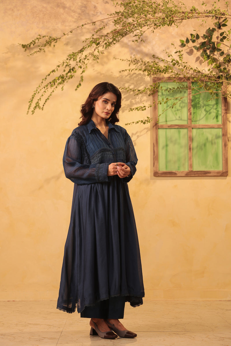 Vaayu Dark Blue Pintuck Collar Kurta Set silk chanderi , silk tencel kurta/kurta set by Niti Bothra in light blue for women Worldwide