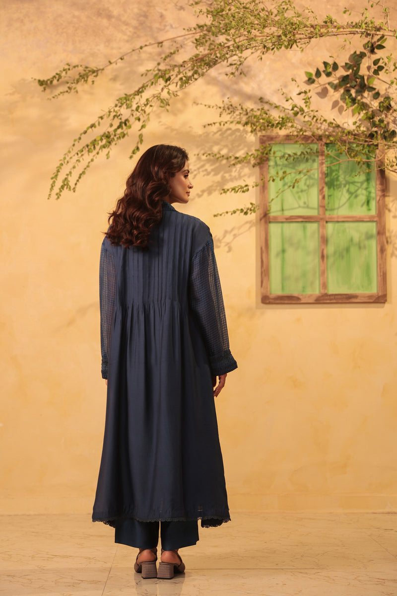 Vaayu Dark Blue Pintuck Collar Kurta Set silk chanderi , silk tencel kurta/kurta set by Niti Bothra in light blue for women Worldwide
