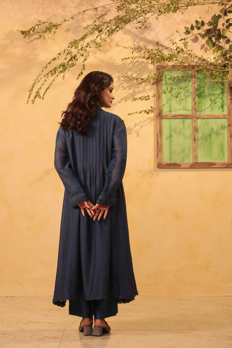Vaayu Dark Blue Pintuck Collar Kurta Set silk chanderi , silk tencel kurta/kurta set by Niti Bothra in light blue for women Worldwide