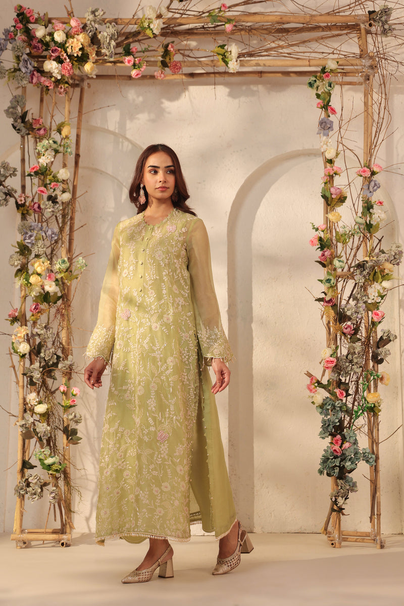 Vaayu Green Heavy Jaal Kurta Set organza , silk tencel kurta/kurta set by Niti Bothra in green for women Worldwide