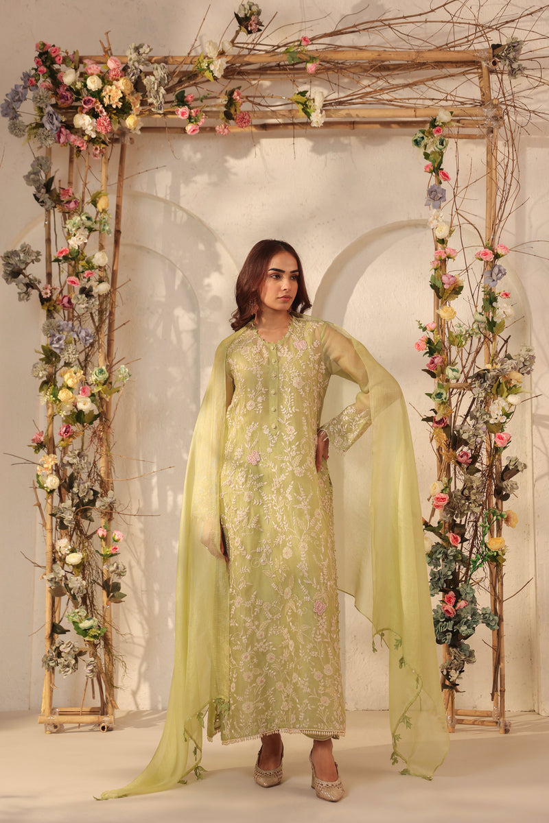 Vaayu Green Heavy Jaal Kurta Set organza , silk tencel kurta/kurta set by Niti Bothra in green for women Worldwide