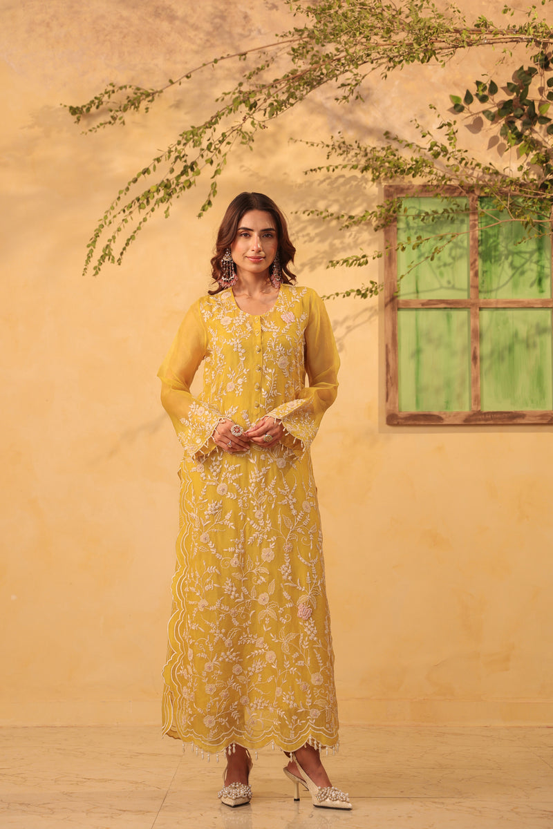 Vaayu Yellow Heavy Jaal Scallop Kurta Set organza , silk tencel kurta/kurta set by Niti Bothra in yellow for women Worldwide