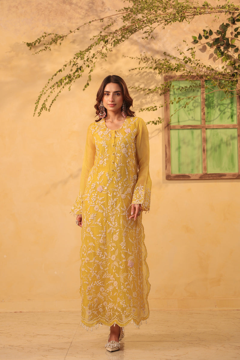 Vaayu Yellow Heavy Jaal Scallop Kurta Set organza , silk tencel kurta/kurta set by Niti Bothra in yellow for women Worldwide
